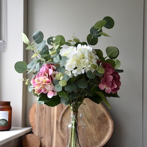 Hydrangea Flowers | Artificial Faux | Greenery | Flower Arrangement | Country | Floral | Flower Stem | Eucalyptus | White | Ivory | Pink