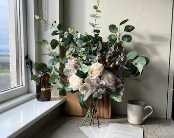 Purple Hydrangea & Ivory Rose Handmade Rose and Eucalyptus Flower Arrangement | Artificial| Faux floral | Greenery | Flowers| bridal bouquet