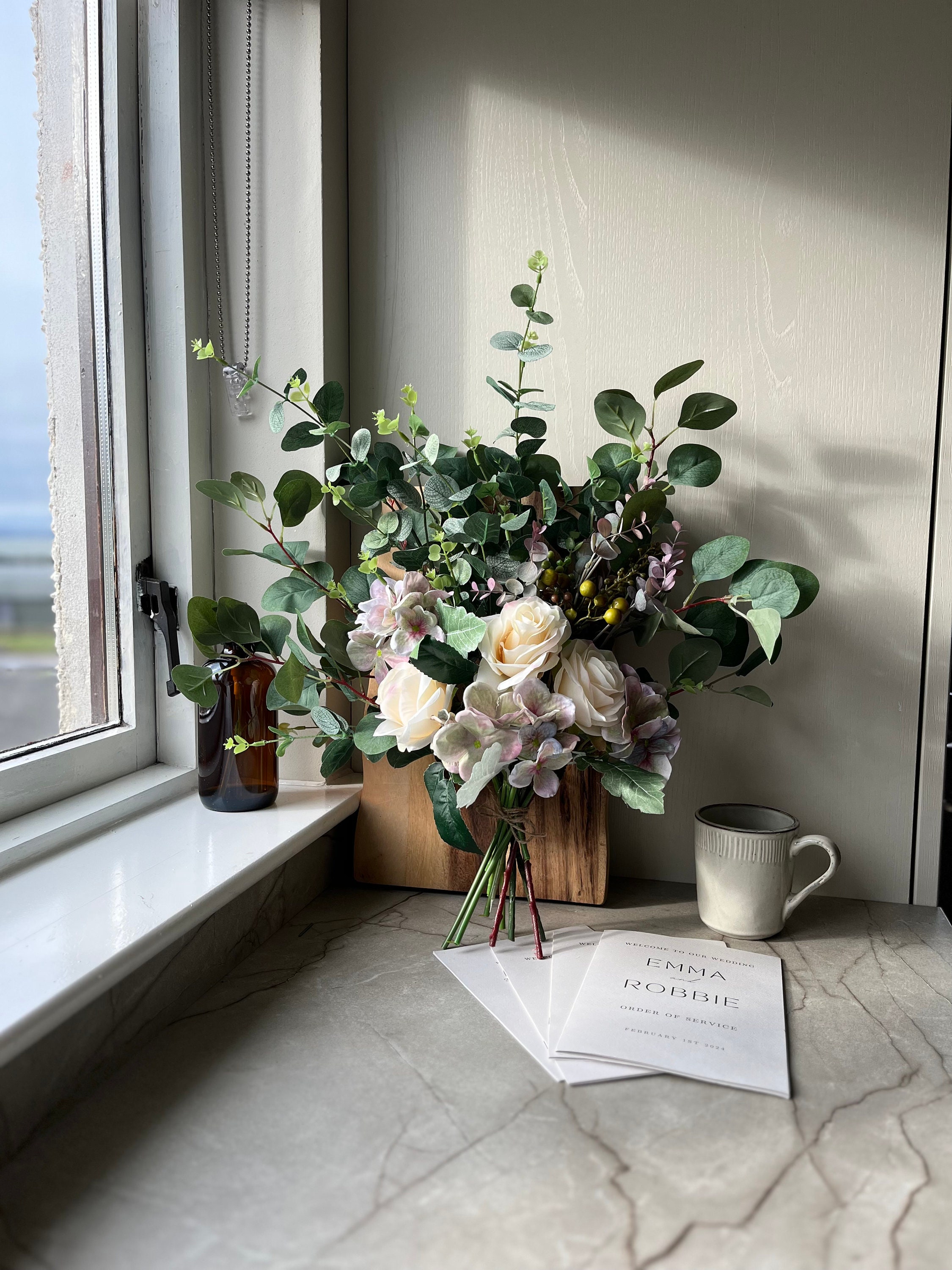 Purple Hydrangea & Ivory Rose Handmade Rose and Eucalyptus Flower Arrangement | Artificial| Faux floral | Greenery | Flowers| bridal bouquet