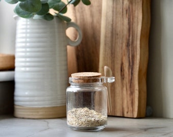 Glass Jar with Cork Lid, Wooden Spoon, small glass pot, artisan storage jar, elegant, country farmhouse kitchen, bottle, jar modern, clear
