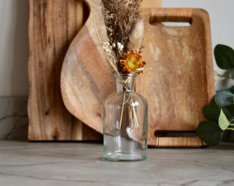Small Bunch Dried Flowers and Glass Vase Small 13.5cm h, glass jar, bud, artisan, elegant, country home decor, flower vase