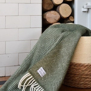 Olive Green Throw Gift Set | Emerald Coast Gift Box Fishbone Pure New Wool Throw| Navy British Blanket| Made in UK |Summer rug, present