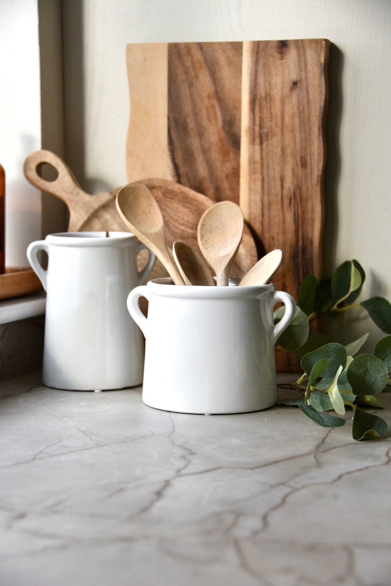 Scandi Kitchen Utensil Pot White Ceramic Pot with Handles Vase Kitchen Utensil Holder Ears Modern Country Home Decor New Home image 6