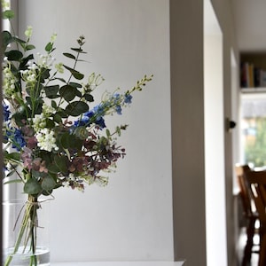 Colorful Faux Wildflower Bouquet: Purple Eucalyptus, Blue Delphiniums - Handmade in Ireland