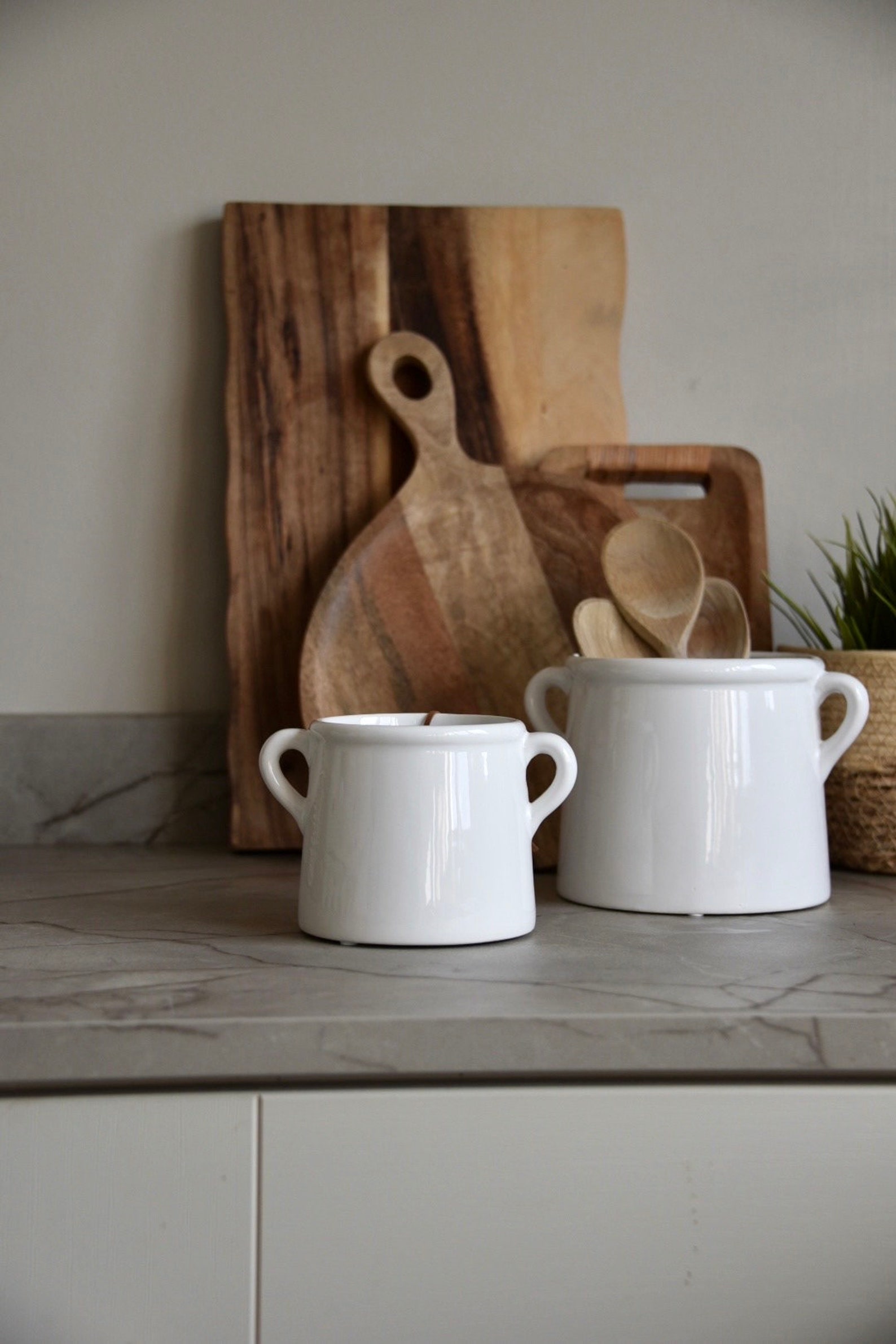 White Ceramic Kitchen Utensil Holder: Modern Scandi Farmhouse Vase with Handles - Large wide pot