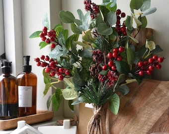 Red Berry and Pine Cones with Eucalyptus Faux flower arrangement