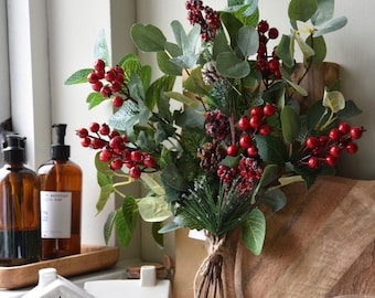 Red Berry and Eucalyptus| Artificial Faux flower arrangement| Christmas Greenery | Pine Cones Snow| foliage |Christmas | autumn winter