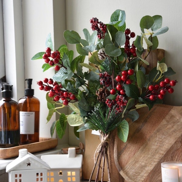 Red Berry and Eucalyptus| Artificial Faux flower arrangement| Christmas Greenery | Pine Cones Snow| foliage |Christmas | autumn winter