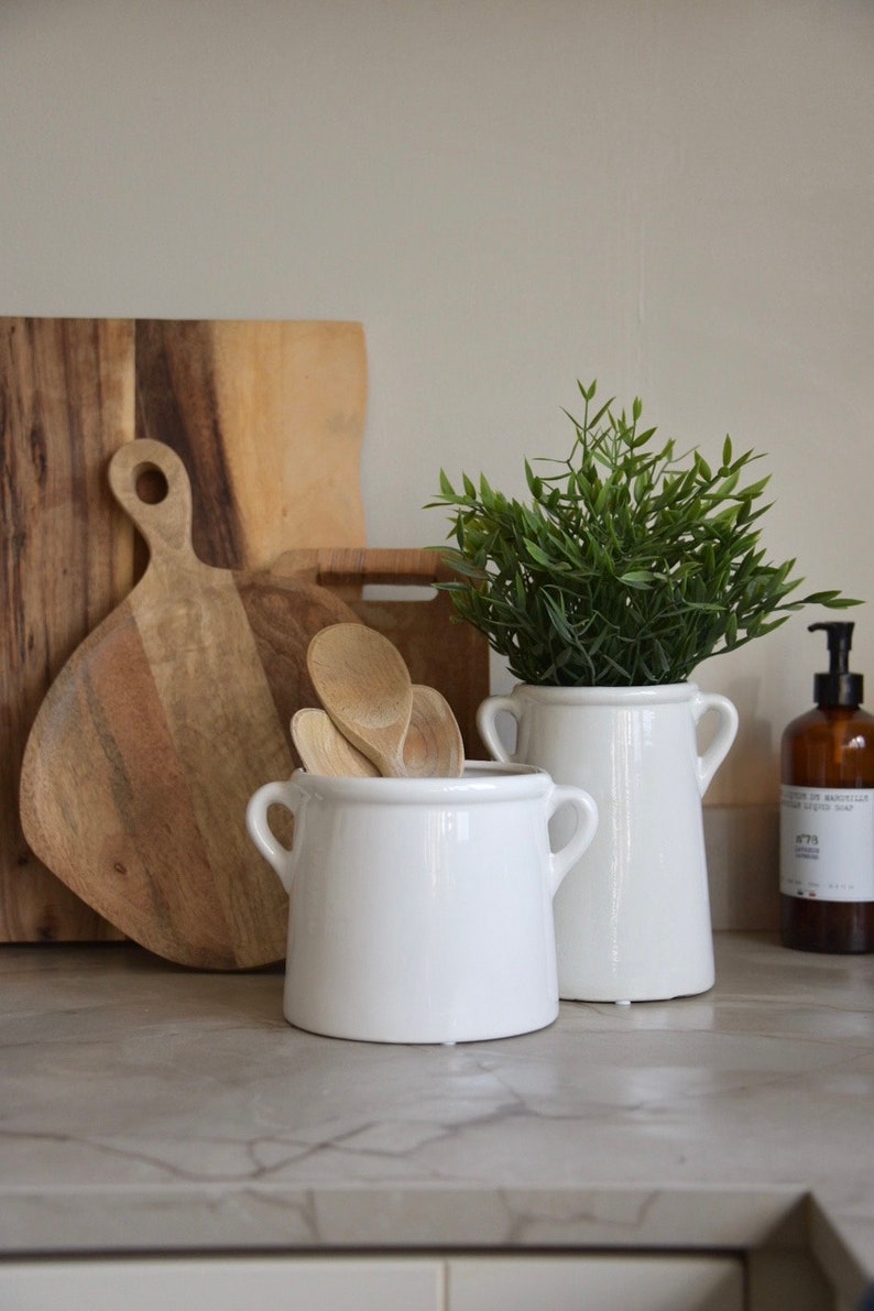 Scandi Kitchen Utensil Pot White Ceramic Pot with Handles Vase Kitchen Utensil Holder Ears Modern Country Home Decor New Home image 8