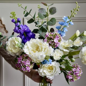 Handmade Bridal Bouquet with Blue Hydrangeas, Pink Ranunculus Roses, Berries &Eucalyptus –Whimsical Wedding Faux Flowers| Table Arrangement