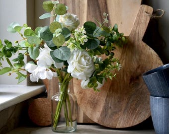 Handmade Ivory Rose & Eucalyptus Floral Arrangement| Small Cottage Style