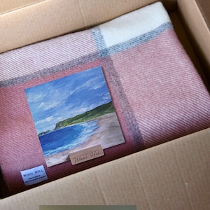 Coastal Blush Gift Box| Dusky Pink Block Check Gift Set | Pure New Wool Throw, British Blanket Made in the UK