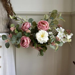 Handmade Faux Wedding Bouquet– Pink Hydrangea, Roses,Anemone, Gladiolus &Eucalyptus| Artificial Bridal Flowers Bridesmaid|Flower Girl table