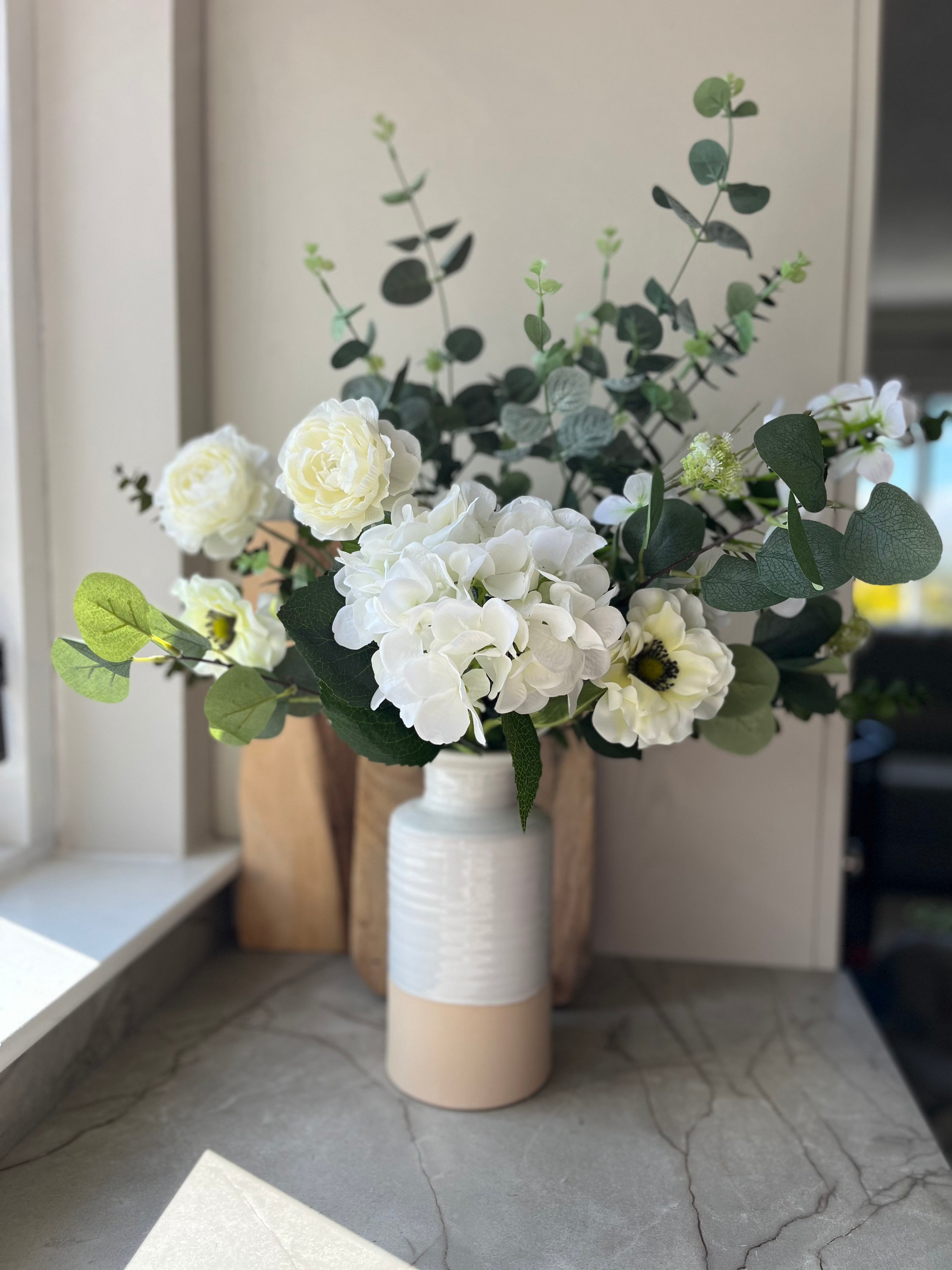 Ivory Rose & Hydrangea Arrangement| Cream Eucalyptus Faux Floral Bouquet