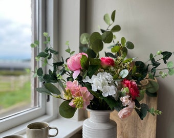 Summer Floral Arrangement | Rose  Peony hydrangea eucalyptus |Artificial Faux floral |  Pink Peach Greenery |Country living |Wedding flowers