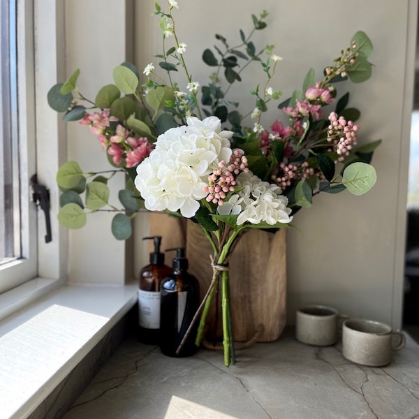 Handmade Faux Hydrangea Bouquet with Pink Berries, Delphiniums, Daisies and Eucalyptus Foliage| Large Artificial Flower Arrangement