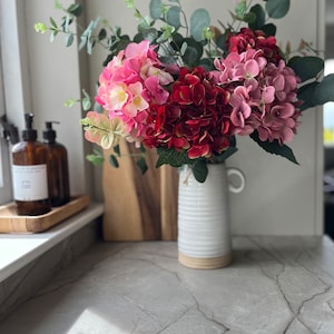 Pink Red Hydrangea Bouquet and Green Eucalyptus: Handmade Faux Floral Arrangement