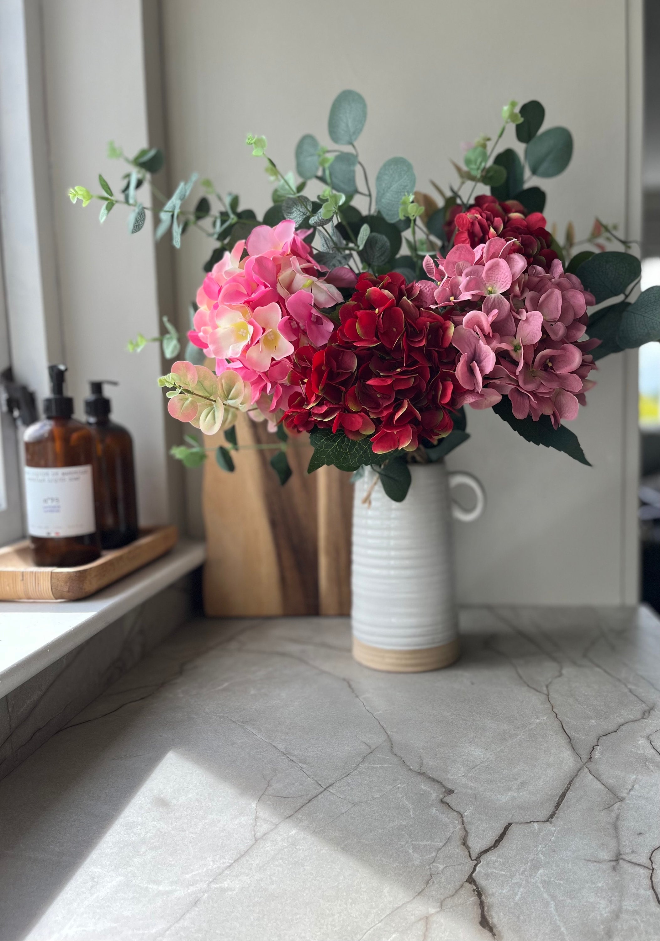 Pink Red Hydrangea Eucalyptus Bouquet