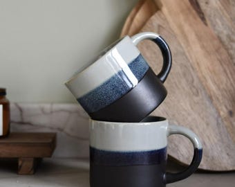 Artisan Reactive Glaze Blue Mug Gift Set with Winter Cottage Art Print and Faux Thistle and Eucalyptus Posy