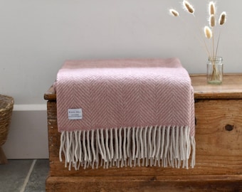 Dusky Pink Fishbone New Wool Throw, British Blanket Made in the UK, knee rug, cosy, warm, country, Summer rug, present, corporate gifting