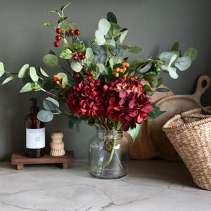 Hydrangea Berry Arrangement | Red, orange green eucalyptus| Artificial Faux flowers Greenery| Country flowers |Christmas Seasonal decor