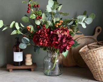 Hydrangea Berry Arrangement | Red, orange green eucalyptus| Artificial Faux flowers Greenery| Country flowers |Christmas Seasonal decor