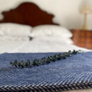Olive Green Fishbone Pure New Wool Throw Navy British Blanket Made in UK Summer rug, present, gift for her mum country home image 9