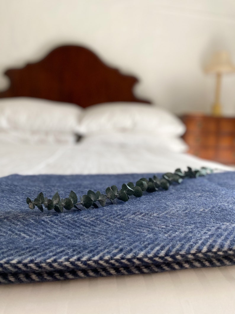 Olive Green Fishbone Pure New Wool Throw Navy British Blanket Made in UK Summer rug, present, gift for her mum country home image 9