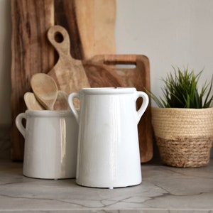 Scandi Kitchen Utensil Pot White Ceramic Pot with Handles Vase Kitchen Utensil Holder Ears Modern Country Home Decor New Home Large tall pot