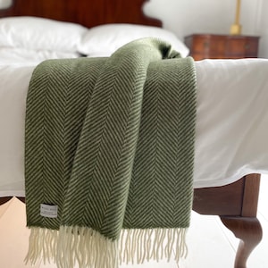 Olive Green Fishbone Pure New Wool Throw Navy British Blanket Made in UK Summer rug, present, gift for her mum country home image 1