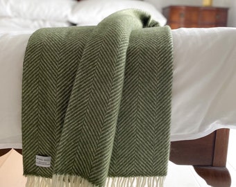 Olive Green|  Fishbone Pure New Wool Throw| Navy British Blanket| Made in UK | | Summer rug, present, gift for her | mum | country home