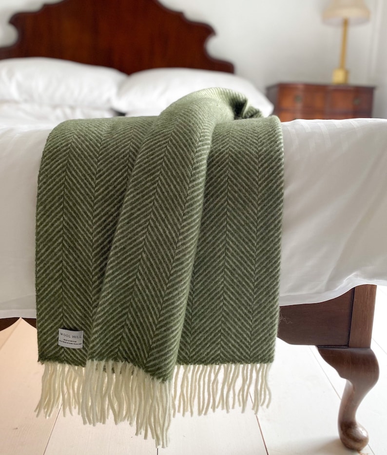 Olive Green Fishbone Pure New Wool Throw Navy British Blanket Made in UK Summer rug, present, gift for her mum country home image 1