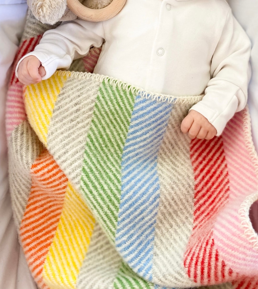 Pure New Wool Baby Blanket, UK Made, Pram, Rainbow, Blue Ocean, Girl