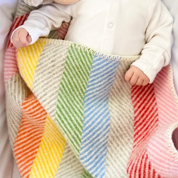 Pure New Wool Baby Blanket, UK made, Pram, Rainbow, Blue Ocean, Girl, Boy, Newborn, Gift, Present, Stripe, Spring, British, Made in the UK