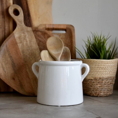 Scandi Kitchen Utensil Pot | White Ceramic Pot with Handles| Vase | Kitchen Utensil Holder Ears | Modern | Country | Home Decor New Home