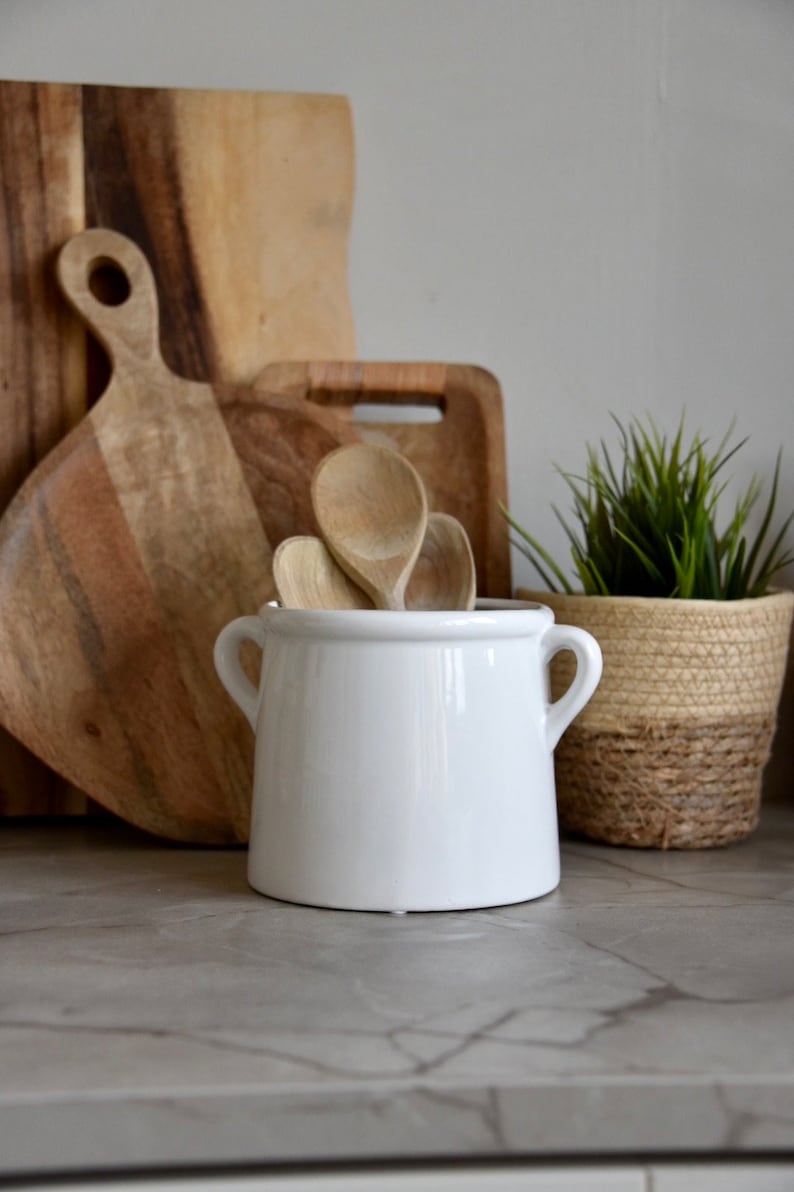 Scandi Kitchen Utensil Pot White Ceramic Pot with Handles Vase Kitchen Utensil Holder Ears Modern Country Home Decor New Home Large wide pot
