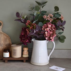 Handmade Faux Pink Hydrangea Bouquet: Burgundy, Pink Berry and Purple| Green Eucalyptus Flower Arrangement
