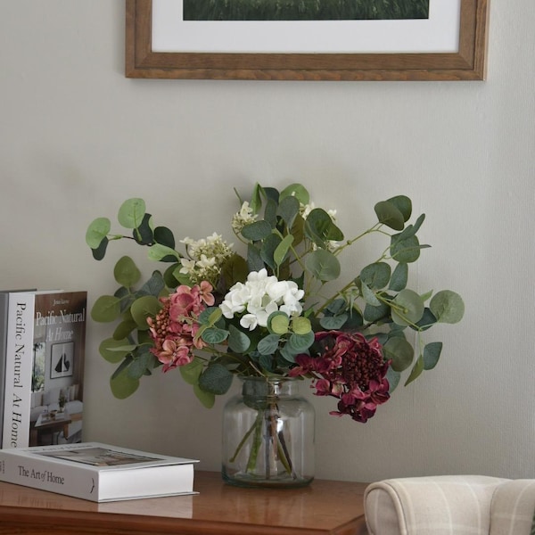 Handmade Faux Hydrangea Bouquet: Pink, Burgundy, White Eucalyptus Arrangement