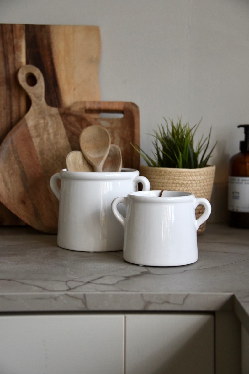 Scandi Kitchen Utensil Pot White Ceramic Pot with Handles Vase Kitchen Utensil Holder Ears Modern Country Home Decor New Home image 4