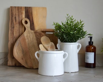 Scandi Kitchen Utensil Pot | White Ceramic Pot with Handles| Vase | Kitchen Utensil Holder Ears | Modern | Country | Home Decor New Home