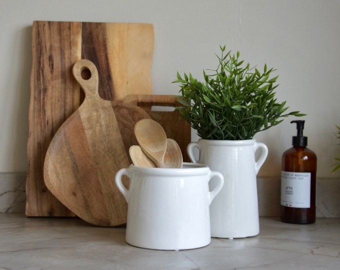 White Ceramic Kitchen Utensil Holder: Modern Scandi Farmhouse Vase with Handles