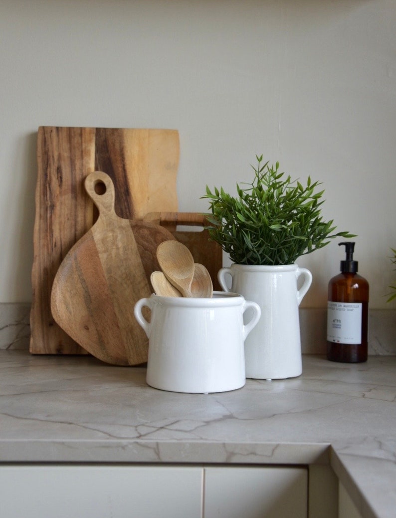 Scandi Kitchen Utensil Pot White Ceramic Pot with Handles Vase Kitchen Utensil Holder Ears Modern Country Home Decor New Home image 5