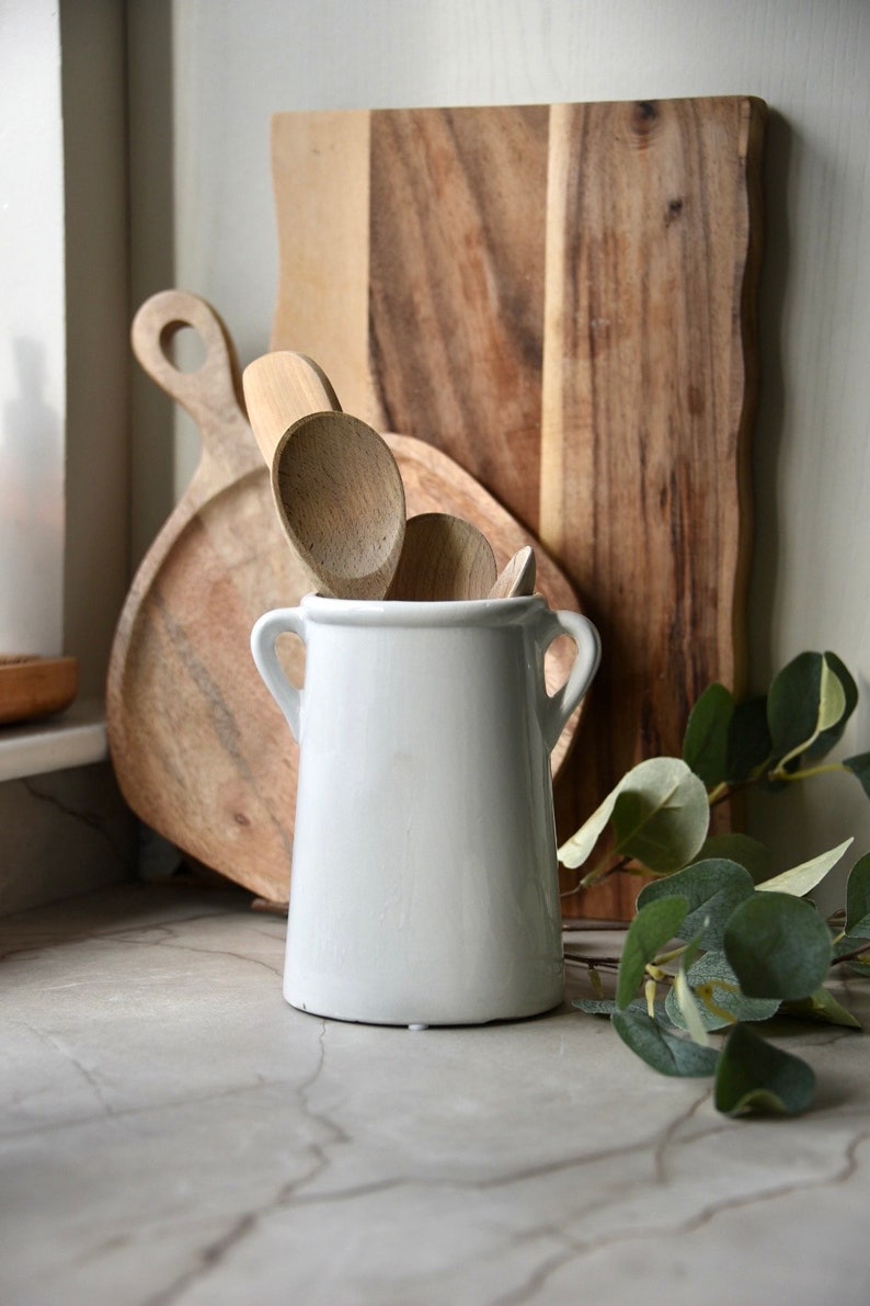 Scandi Kitchen Utensil Pot White Ceramic Pot with Handles Vase Kitchen Utensil Holder Ears Modern Country Home Decor New Home image 9