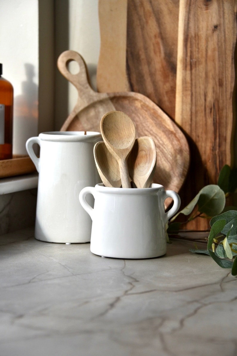 Scandi Kitchen Utensil Pot White Ceramic Pot with Handles Vase Kitchen Utensil Holder Ears Modern Country Home Decor New Home image 7