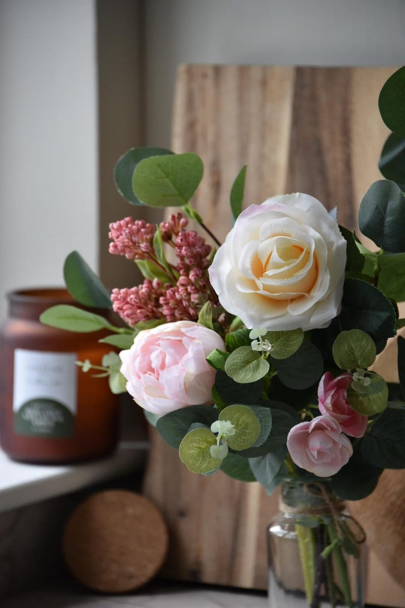 Handmade Ivory and Pink Rose and Eucalyptus Floral Arrangement: Small ...