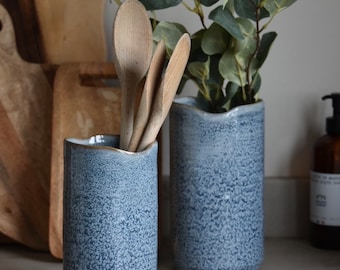 Dusky Blue Ceramic Vase, light blue Utensil Pot, Artisan style, Handmade unique, Kitchen vase, house warming, present, Christmas, rustic,