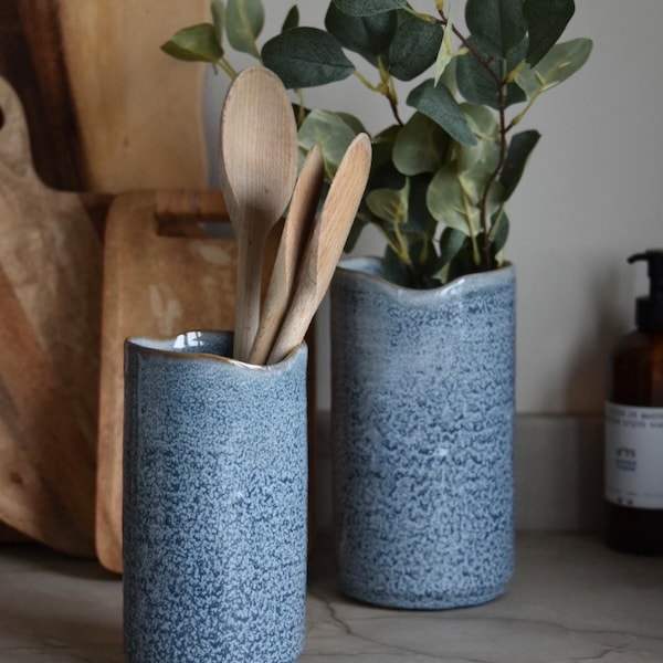 Dusky Blue Ceramic Vase, light blue Utensil Pot, Artisan style, Handmade unique, Kitchen vase, house warming, present, Christmas, rustic,
