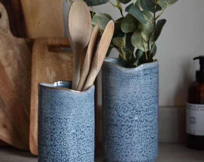Handmade Dusky Blue Ceramic Vase: Artisan Kitchen Utensil Pot