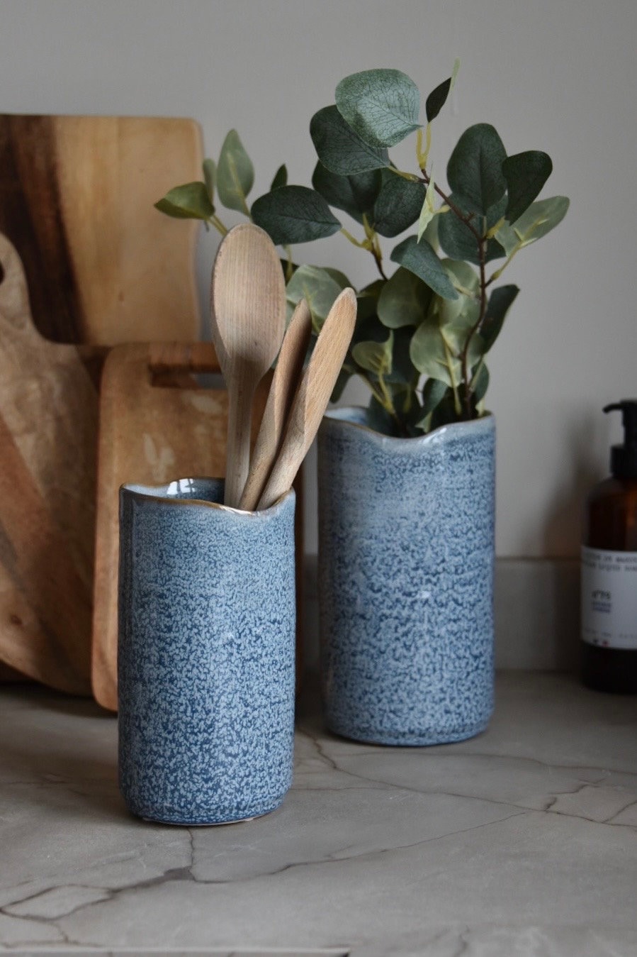 Dusky Blue Ceramic Vase Gift Set, light blue Utensil Pot, Artisan style, Handmade unique, Kitchen vase, house warming, present