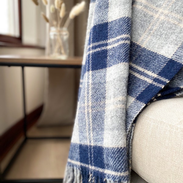 Navy Bannockbane Tartan Blanket | Pure New Wool Throw, British throw Made in the UK, Beige, Blue, Present, house warming, country gift